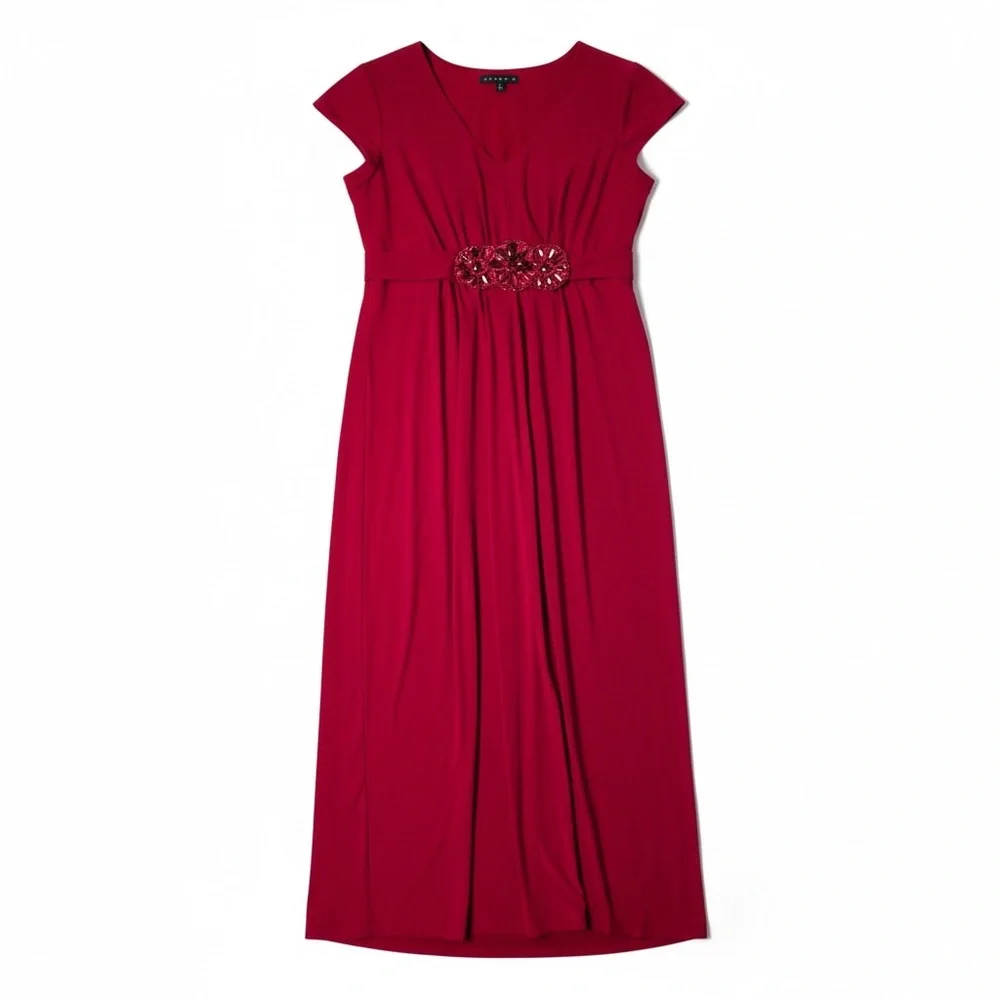 Tiana B. Ruby Red Cap Sleeve V-Neck Maxi Dress with Embellished Waist - Size L - Picture 1 of 3